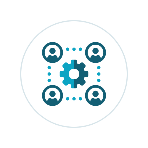 Icon for Connecting Families to Resources depicting four people in circles surrounding a gear-shaped object.
