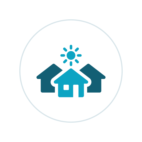 Icon for Improving Community Health depicting a sun over three homes.