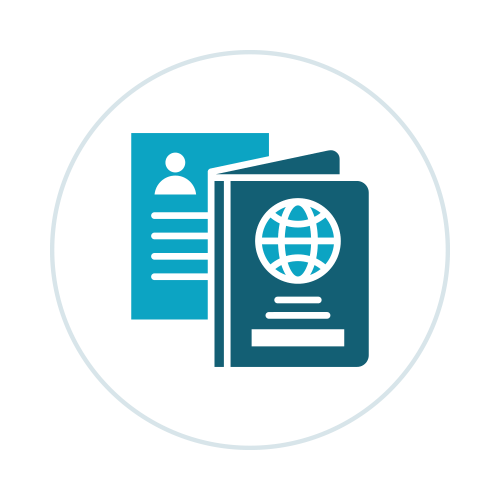 Icon for Naturalization/U.S. Citizenship depicting documents and a passport.